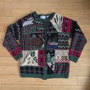 Vintage 90s Northern Isles Woodland Animals Hand Knit Cardigan Sweater